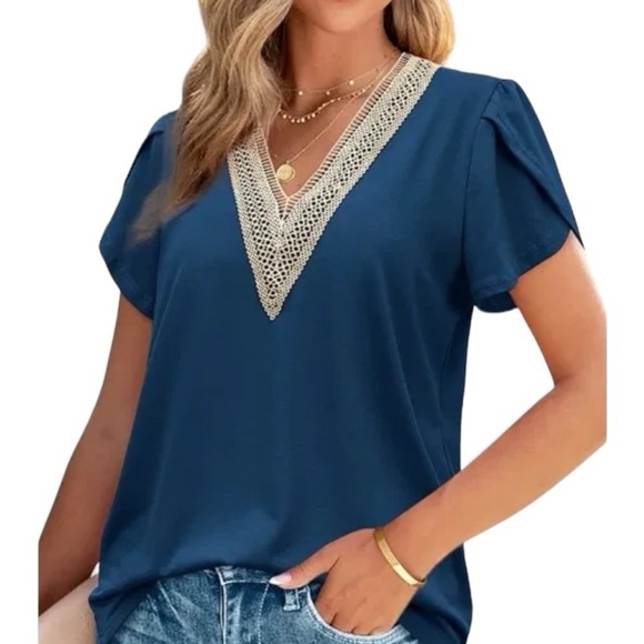 Teal Blue V-Neck Petal Sleeve Top size Large (0629) - Picture 1 of 5